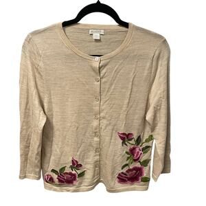 Garnet Hill Button Front Merino Wool Floral Embroidered Cardigan Beige Medium